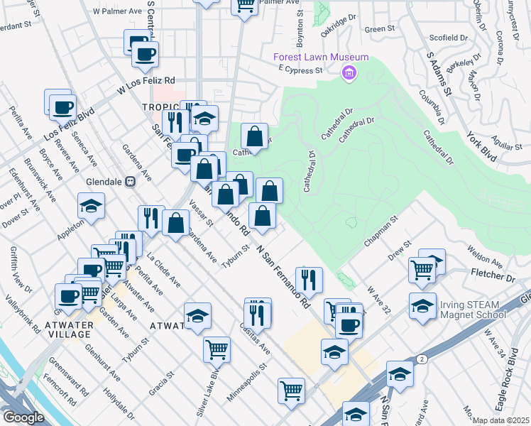 map of restaurants, bars, coffee shops, grocery stores, and more near 3037 Rosslyn Street in Los Angeles