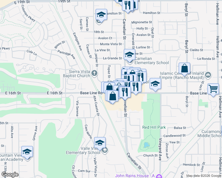 map of restaurants, bars, coffee shops, grocery stores, and more near 7273 Topaz Street in Rancho Cucamonga