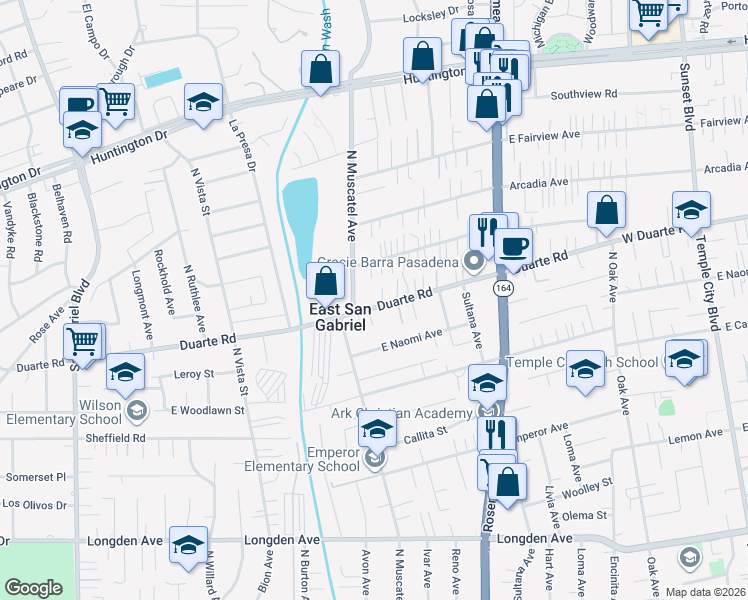 map of restaurants, bars, coffee shops, grocery stores, and more near 8743 Duarte Road in San Gabriel