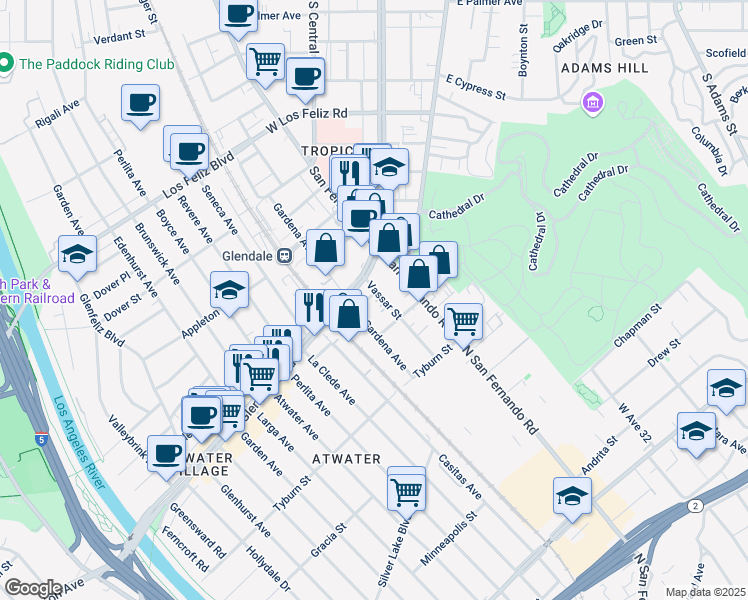 map of restaurants, bars, coffee shops, grocery stores, and more near 1823 Vassar St in Glendale