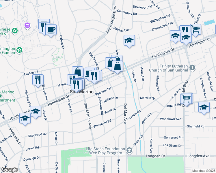 map of restaurants, bars, coffee shops, grocery stores, and more near 2385 Roanoke Road in San Marino