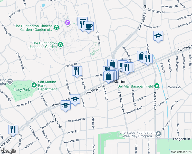 map of restaurants, bars, coffee shops, grocery stores, and more near 4150 Monterey Road in San Marino