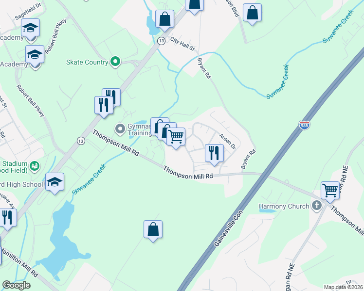 map of restaurants, bars, coffee shops, grocery stores, and more near 4620 Wyck Court in Buford