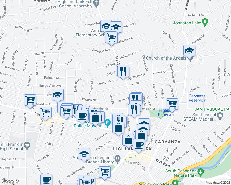 map of restaurants, bars, coffee shops, grocery stores, and more near 6071 Myosotis Street in Los Angeles