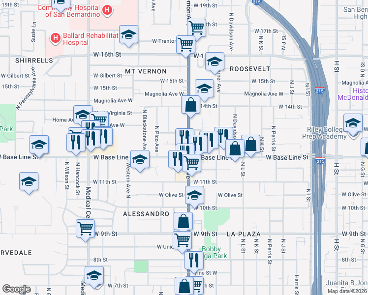 map of restaurants, bars, coffee shops, grocery stores, and more near 1248 North Mount Vernon Avenue in San Bernardino