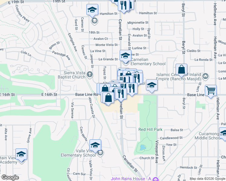 map of restaurants, bars, coffee shops, grocery stores, and more near 7273 Topaz Street in Rancho Cucamonga