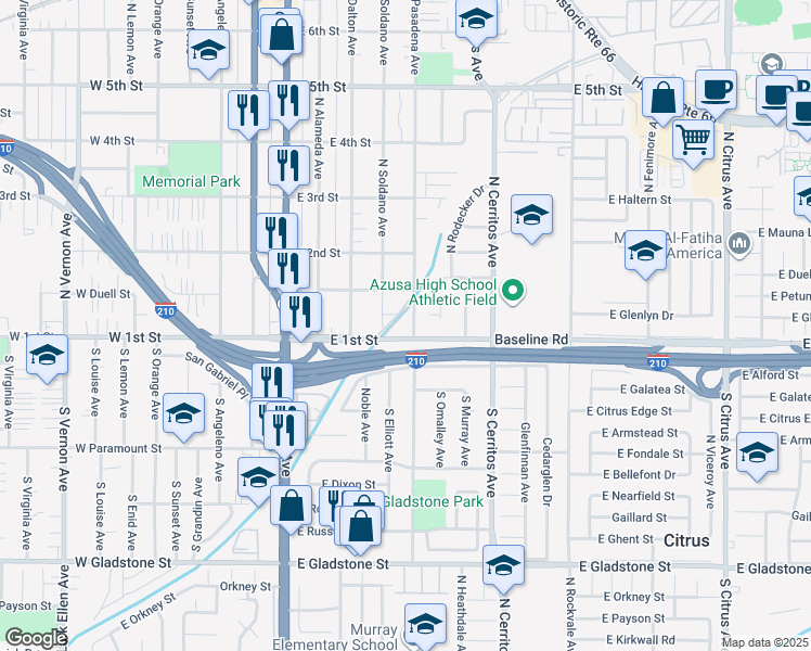 map of restaurants, bars, coffee shops, grocery stores, and more near 445 E 1st St in Azusa