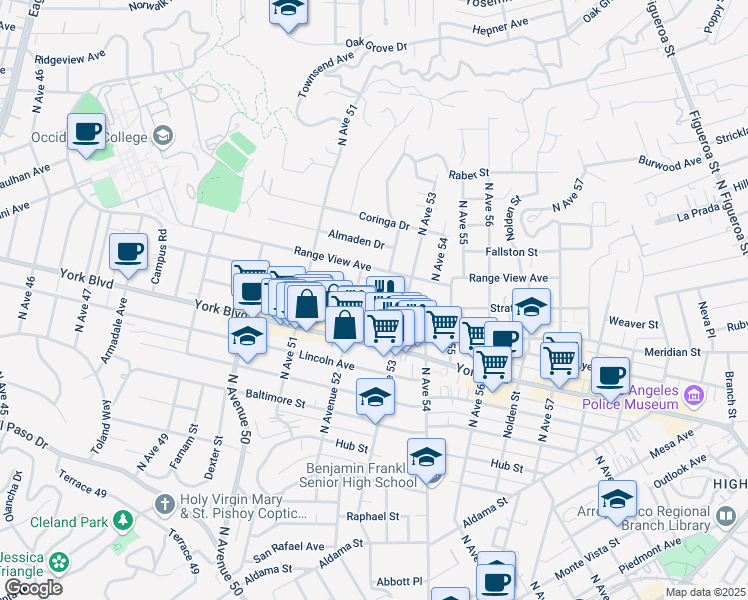 map of restaurants, bars, coffee shops, grocery stores, and more near 5220 Stratford Road in Los Angeles