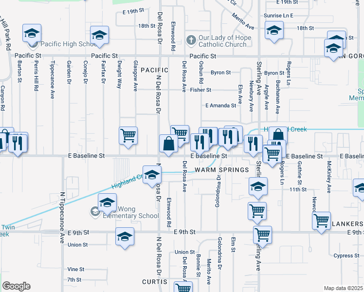map of restaurants, bars, coffee shops, grocery stores, and more near 7258 Del Rosa Avenue in San Bernardino