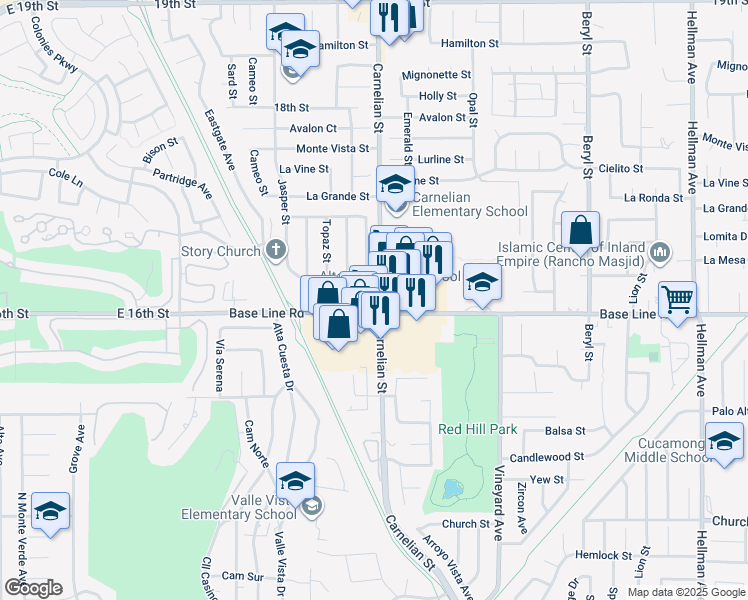 map of restaurants, bars, coffee shops, grocery stores, and more near 7273 Sonoma Ave in Rancho Cucamonga