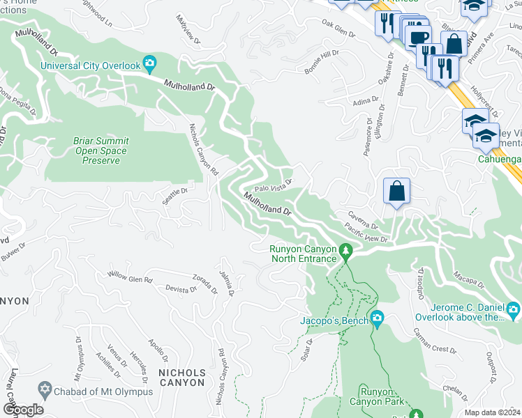 map of restaurants, bars, coffee shops, grocery stores, and more near 7426 Mulholland Drive in Los Angeles