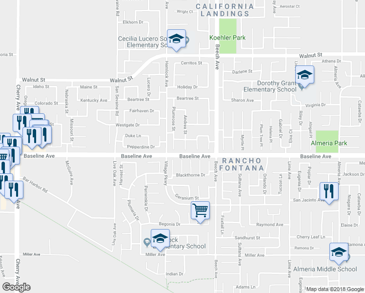 map of restaurants, bars, coffee shops, grocery stores, and more near 7254 Andrea Street in Fontana