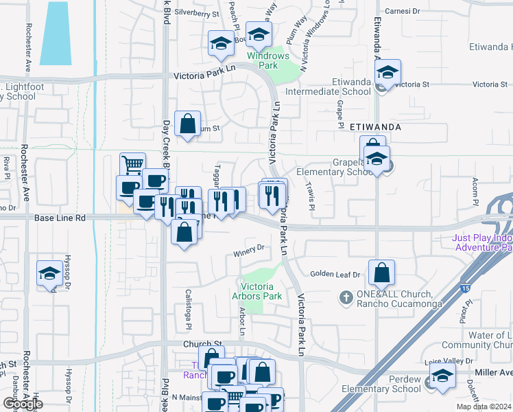 map of restaurants, bars, coffee shops, grocery stores, and more near 7265 Alicante Place in Rancho Cucamonga