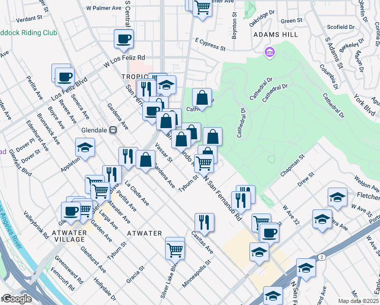 map of restaurants, bars, coffee shops, grocery stores, and more near 3636 San Fernando Road in Glendale