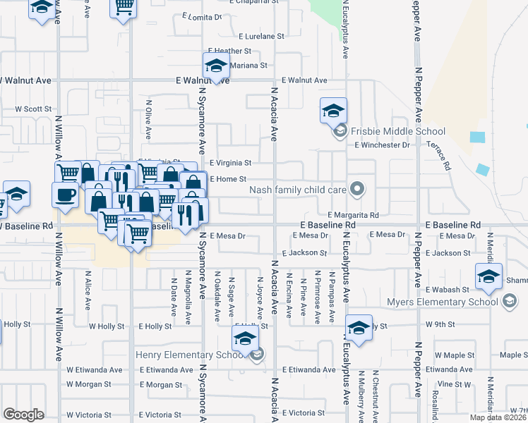 map of restaurants, bars, coffee shops, grocery stores, and more near 442 East Margarita Road in Rialto