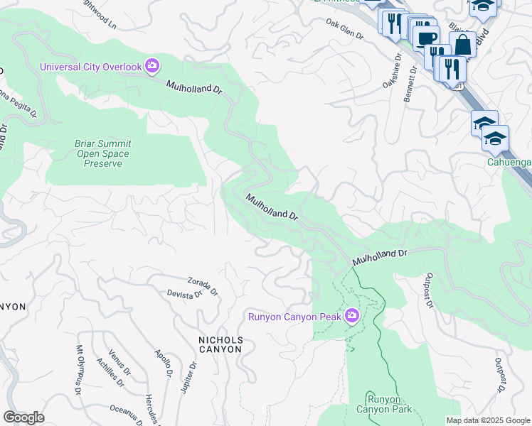map of restaurants, bars, coffee shops, grocery stores, and more near 7426 Mulholland Drive in Los Angeles