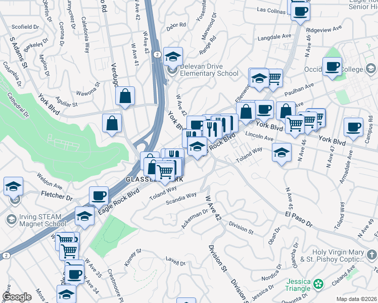 map of restaurants, bars, coffee shops, grocery stores, and more near 4159 Eagle Rock Boulevard in Los Angeles