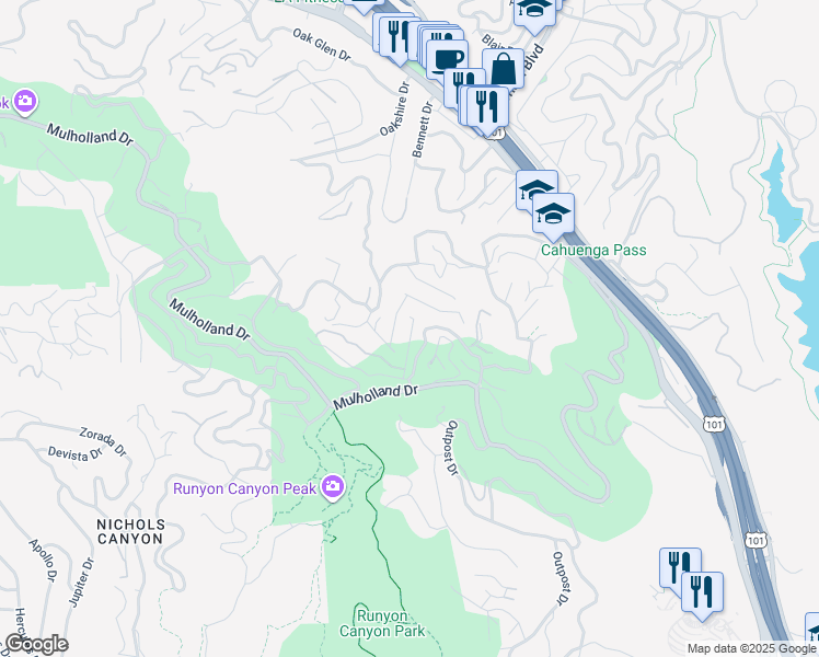 map of restaurants, bars, coffee shops, grocery stores, and more near 2849 Pacific View Trail in Los Angeles