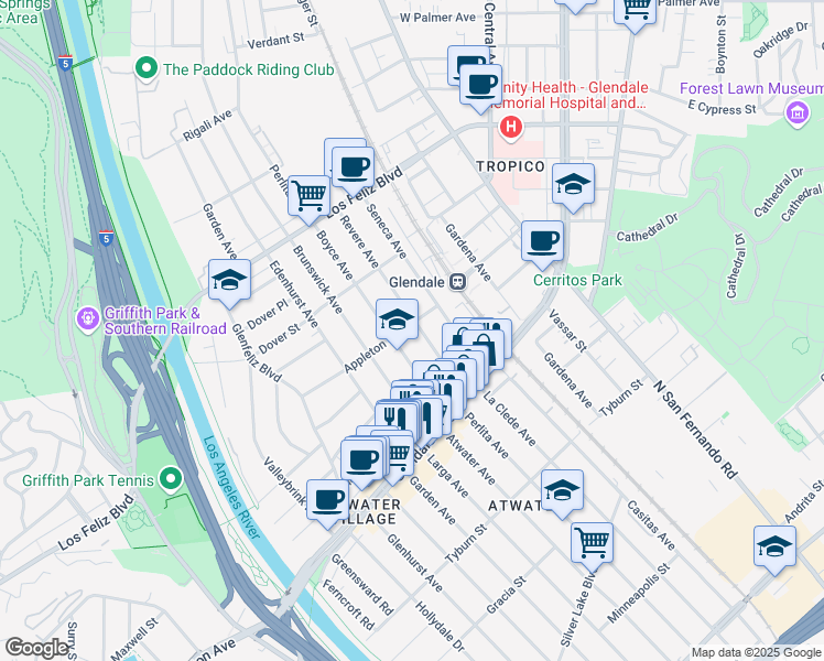 map of restaurants, bars, coffee shops, grocery stores, and more near 3742 Revere Avenue in Los Angeles