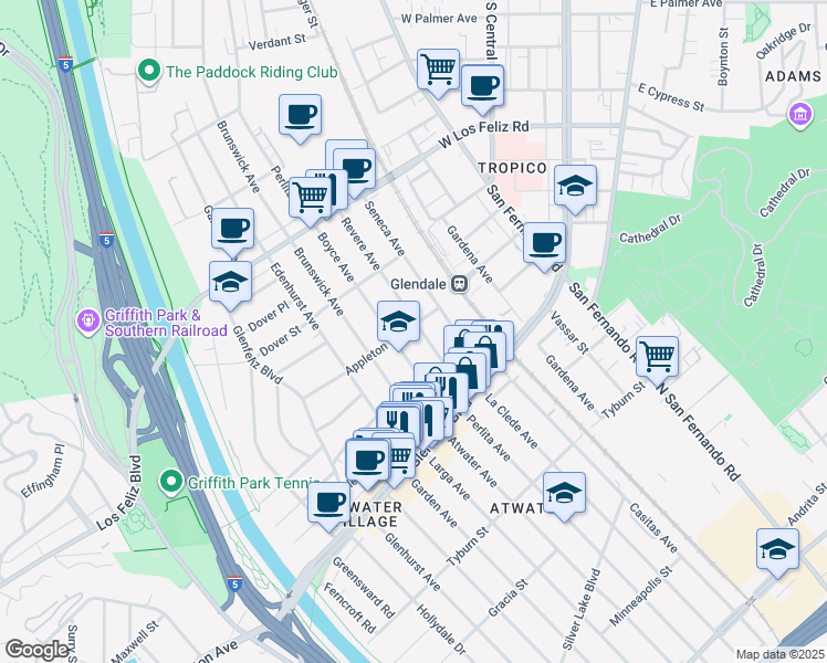 map of restaurants, bars, coffee shops, grocery stores, and more near 3742 Revere Avenue in Los Angeles