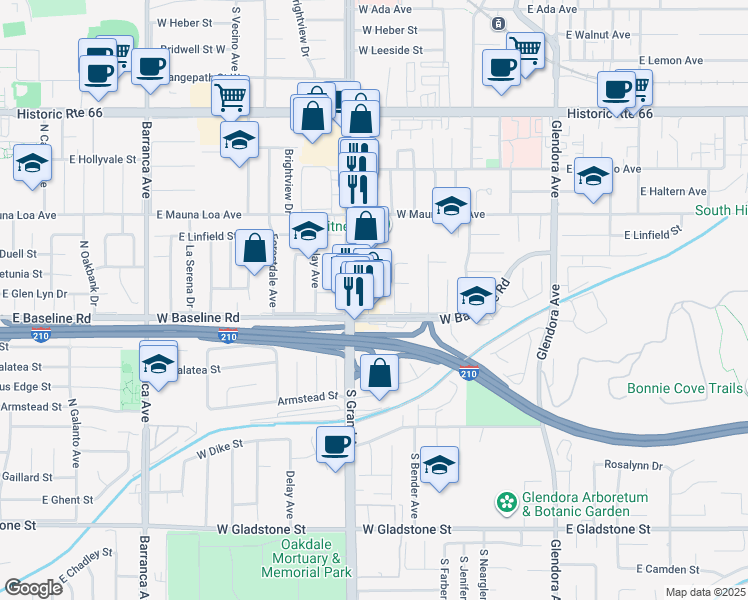 map of restaurants, bars, coffee shops, grocery stores, and more near 942 South Grand Avenue in Glendora