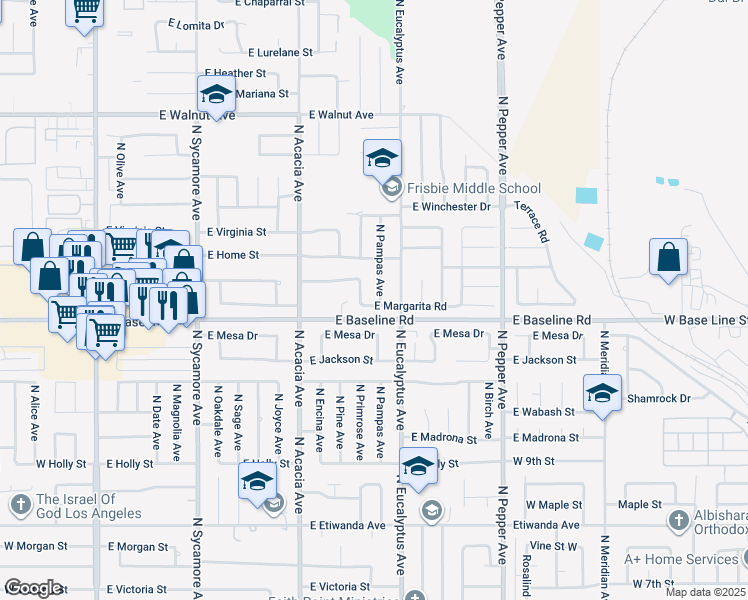 map of restaurants, bars, coffee shops, grocery stores, and more near 1234 North Pampas Avenue in Rialto