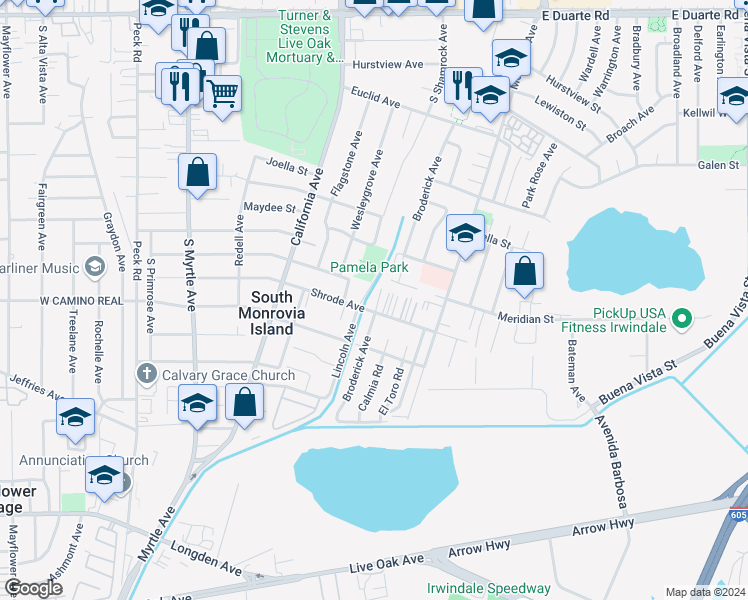 map of restaurants, bars, coffee shops, grocery stores, and more near Shrode Avenue in Irwindale