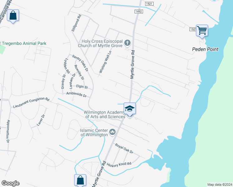 map of restaurants, bars, coffee shops, grocery stores, and more near 6039 Meadowgrove Loop in Wilmington