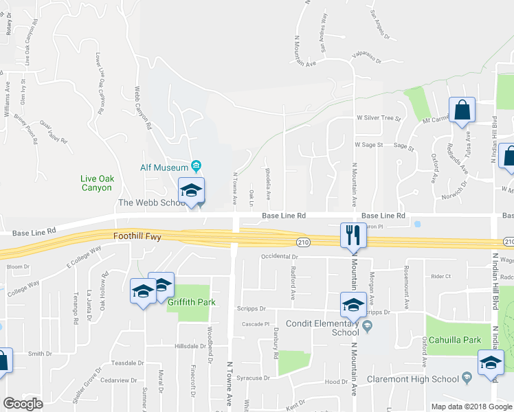 map of restaurants, bars, coffee shops, grocery stores, and more near 4412 Oak Lane in Claremont