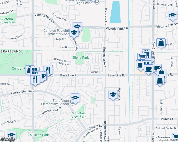 map of restaurants, bars, coffee shops, grocery stores, and more near 7280 Comiso Way in Rancho Cucamonga