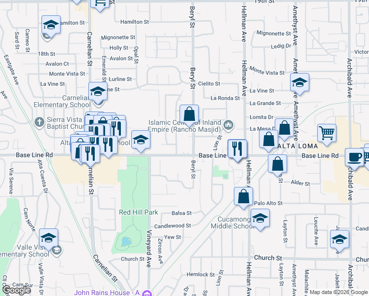 map of restaurants, bars, coffee shops, grocery stores, and more near 7262 Beryl Street in Rancho Cucamonga