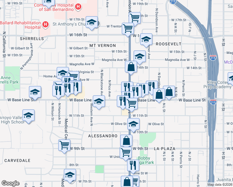 map of restaurants, bars, coffee shops, grocery stores, and more near 1339 Reece Street in San Bernardino
