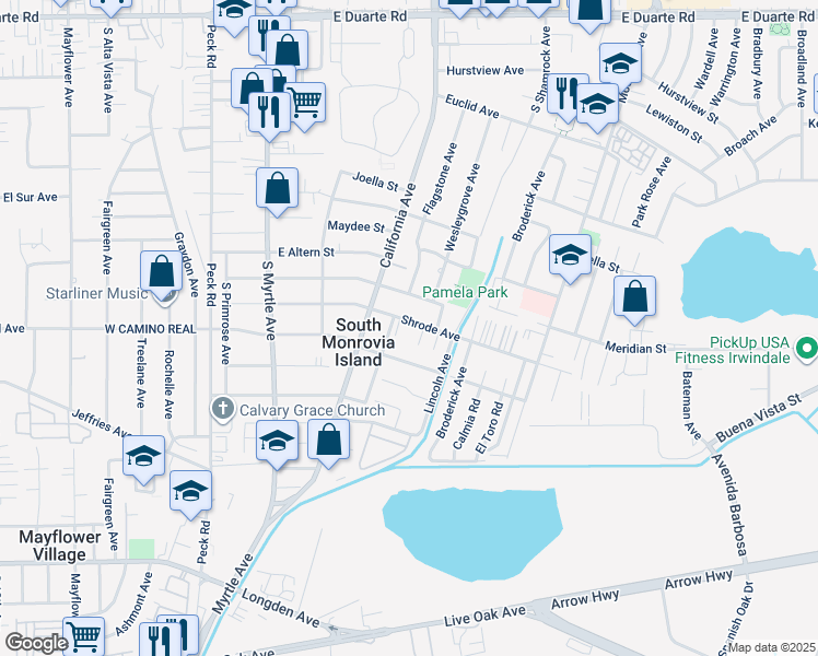map of restaurants, bars, coffee shops, grocery stores, and more near 450 Shrode Avenue in Duarte