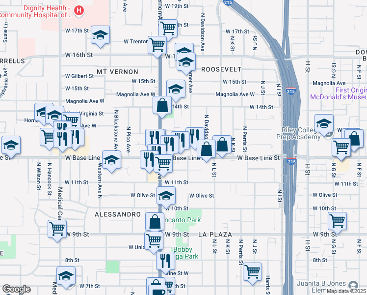 map of restaurants, bars, coffee shops, grocery stores, and more near 1223 Reece Street in San Bernardino
