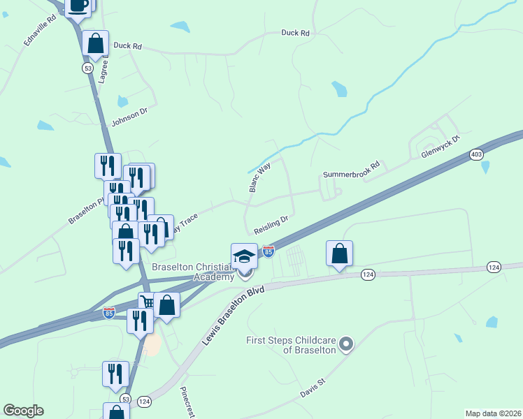 map of restaurants, bars, coffee shops, grocery stores, and more near 476 Chardonnay Trace in Braselton