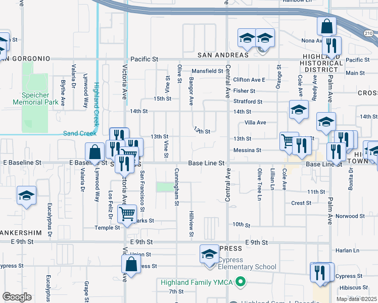map of restaurants, bars, coffee shops, grocery stores, and more near 26732 Hillview Street in Highland