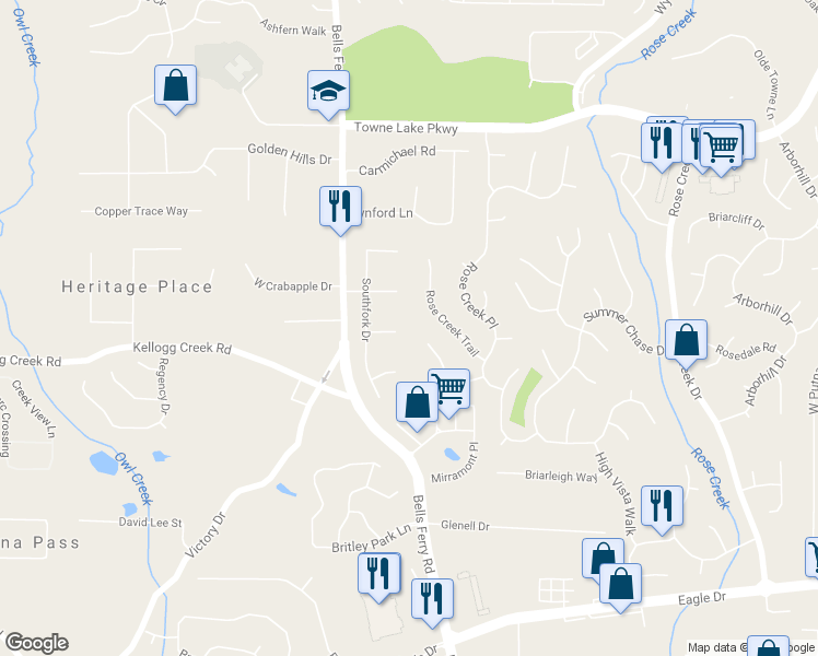 map of restaurants, bars, coffee shops, grocery stores, and more near 309 Southfork Court in Woodstock
