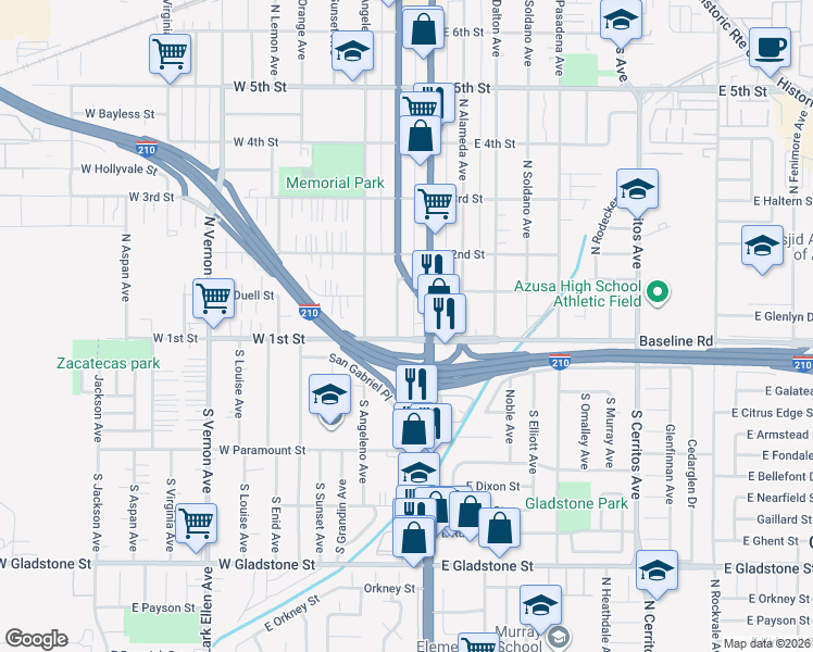 map of restaurants, bars, coffee shops, grocery stores, and more near 111 North San Gabriel Avenue in Azusa