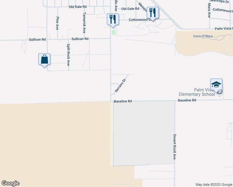 map of restaurants, bars, coffee shops, grocery stores, and more near 73737 Serrano Drive in Twentynine Palms