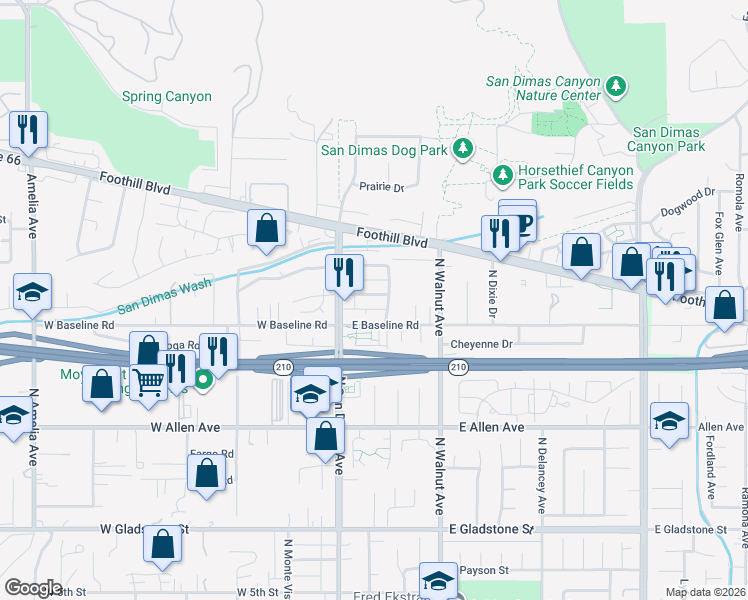 map of restaurants, bars, coffee shops, grocery stores, and more near 132 Penn Street in San Dimas