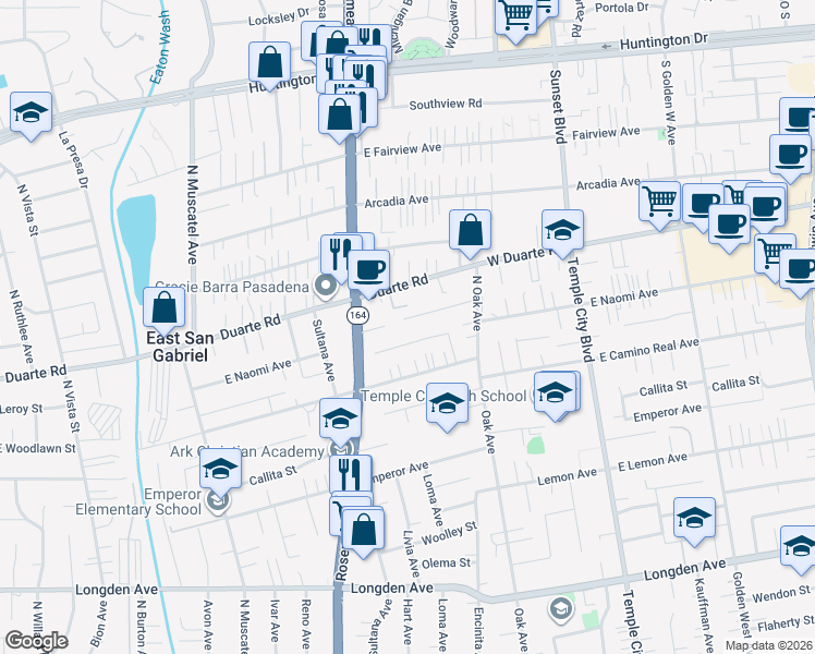 map of restaurants, bars, coffee shops, grocery stores, and more near 9108 Leroy Street in San Gabriel