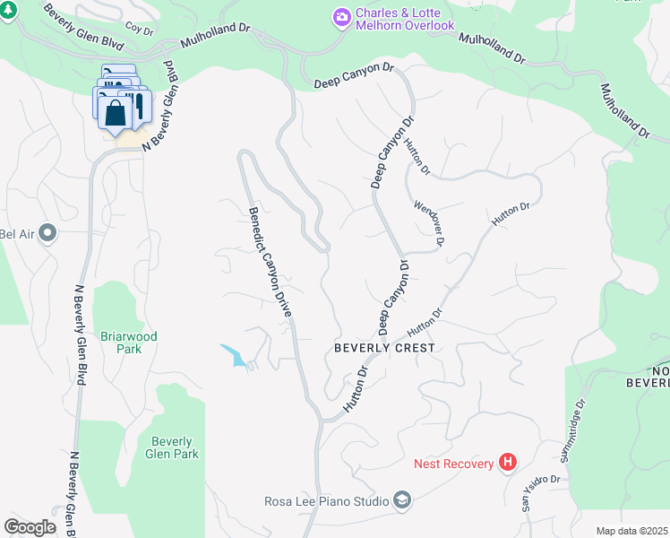 map of restaurants, bars, coffee shops, grocery stores, and more near 2880 Benedict Canyon Drive in Beverly Hills