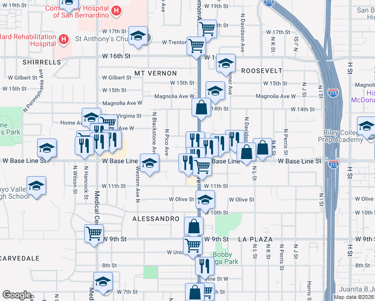 map of restaurants, bars, coffee shops, grocery stores, and more near 1339 Reece Street in San Bernardino