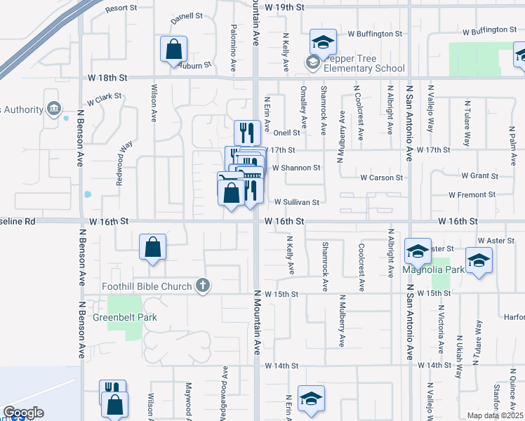 map of restaurants, bars, coffee shops, grocery stores, and more near 1613 Erin Avenue in Upland