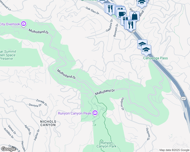 map of restaurants, bars, coffee shops, grocery stores, and more near 7335 Caverna Drive in Los Angeles