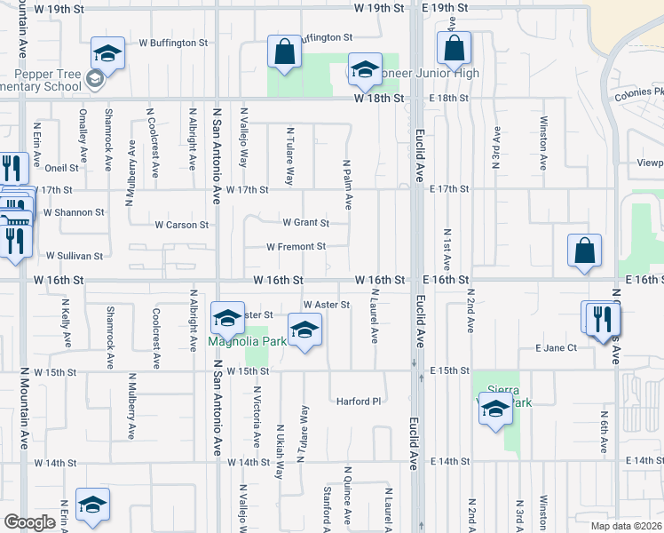 map of restaurants, bars, coffee shops, grocery stores, and more near 1614 North Quince Avenue in Upland