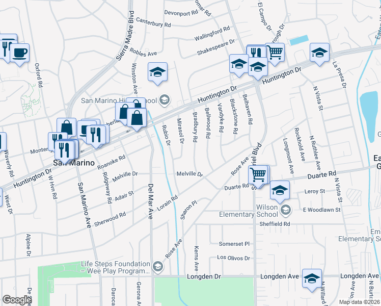 map of restaurants, bars, coffee shops, grocery stores, and more near 1525 Bradbury Road in San Marino