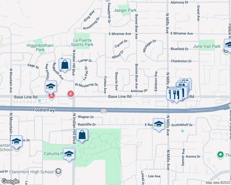 map of restaurants, bars, coffee shops, grocery stores, and more near 2111 Brescia Avenue in Claremont