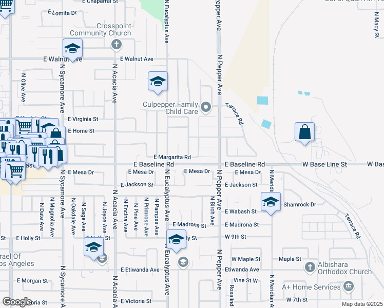 map of restaurants, bars, coffee shops, grocery stores, and more near 1241 North Chestnut Avenue in Rialto