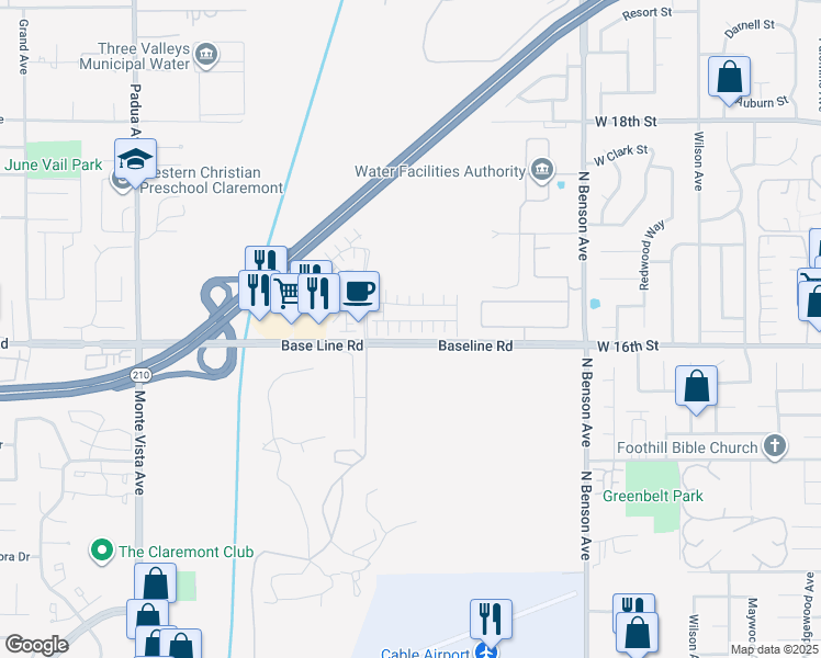 map of restaurants, bars, coffee shops, grocery stores, and more near 1606 Jedediah Place in Upland